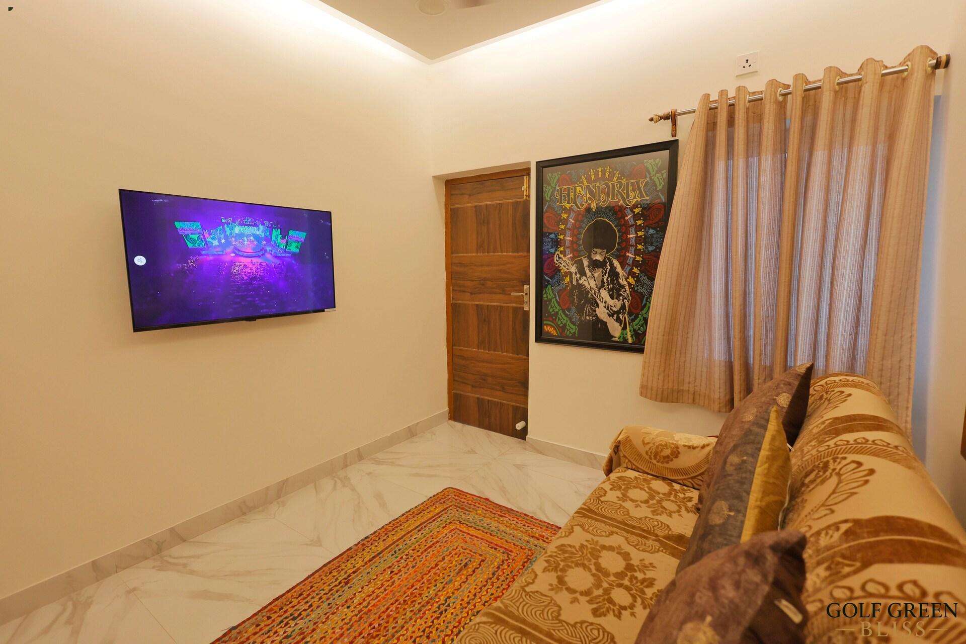 The living room seen towards the television, with framed artwork on the wall