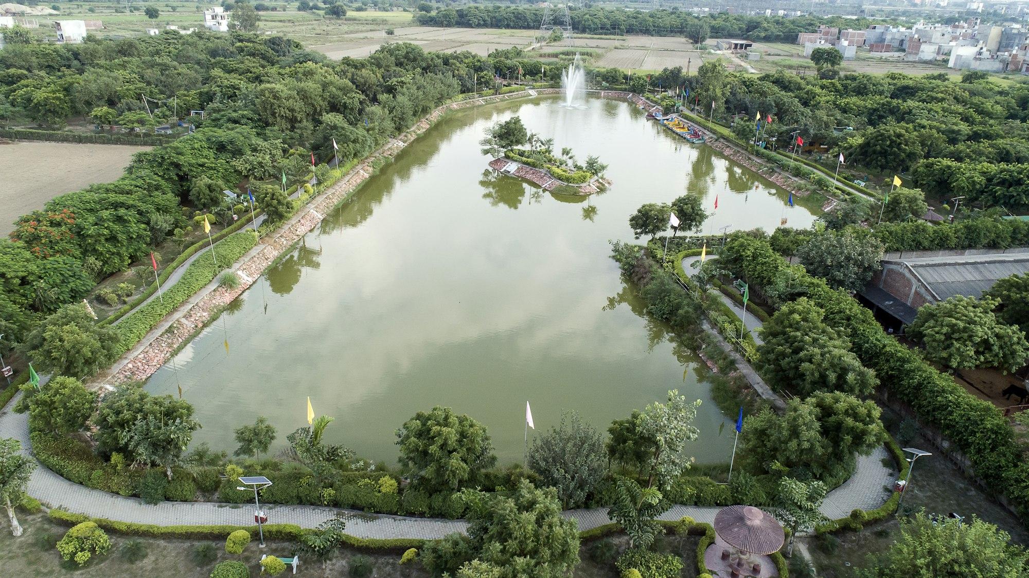 Aerial view of a city lake surrounded by dense trees and walking paths